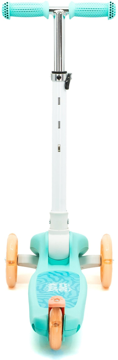 The CORE Foldy 3 Wheel Kids Scooter in Teal and Peach, featuring an adjustable handlebar, is displayed front-facing on a white background.
