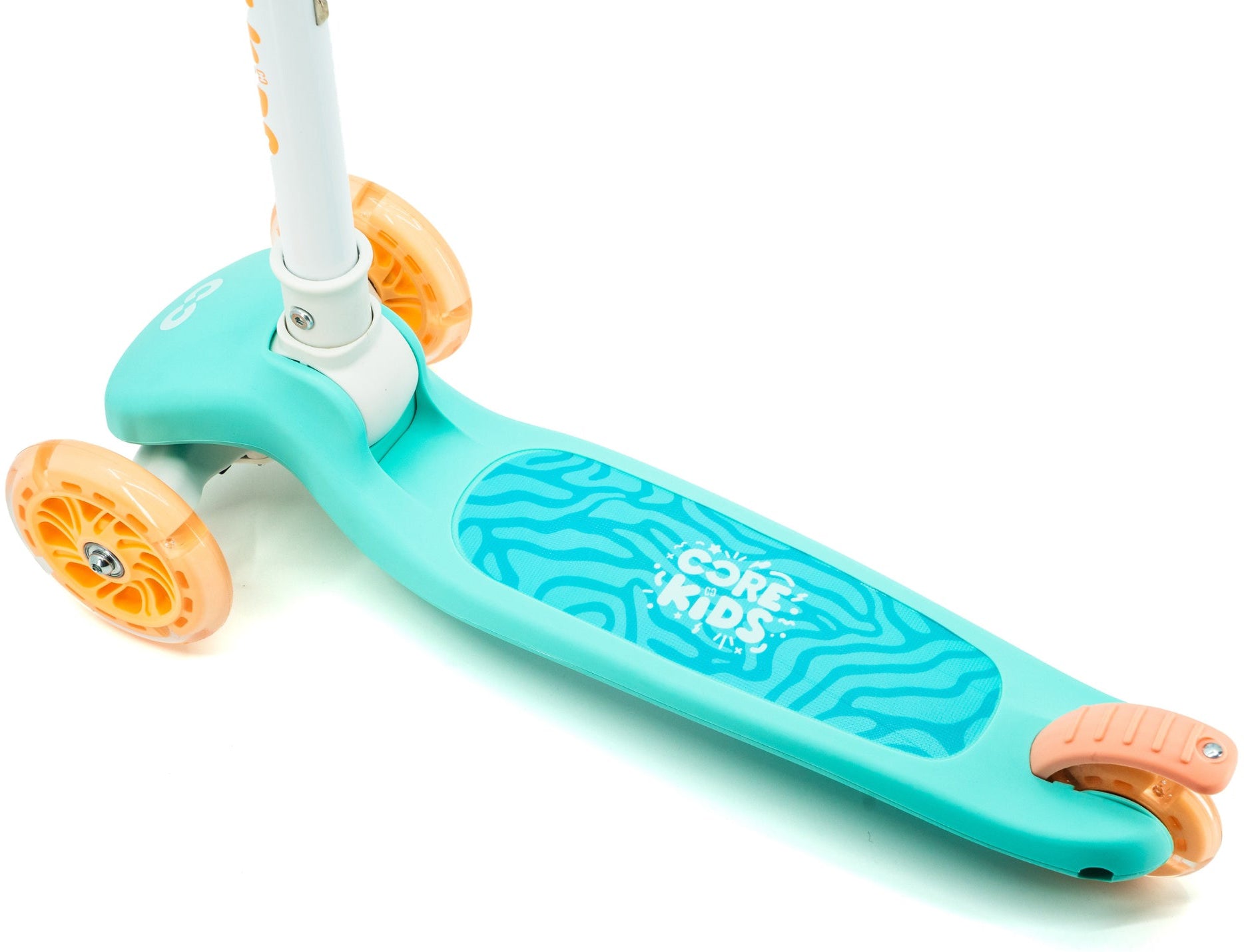 Introducing the CORE Foldy 3 Wheel Kids Scooter - Teal / Peach, a vibrant kids scooter by CORE featuring a teal and peach color scheme with “CORE KIDS” printed in white on the deck and playful zebra-style patterns on the footboard. This lean-to-steer scooter also includes an adjustable handlebar, making it ideal for growing children.