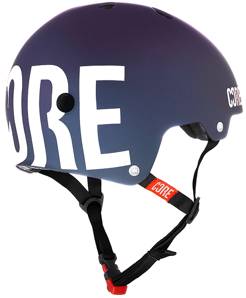 The CORE Street Skate / Scooter Helmet - Neo / White features a matte blue and purple gradient, bold white "CORE" branding, black adjustable straps, and a red CORE tag near the chin buckle—ideal for riders who trust CORE helmets on the street.