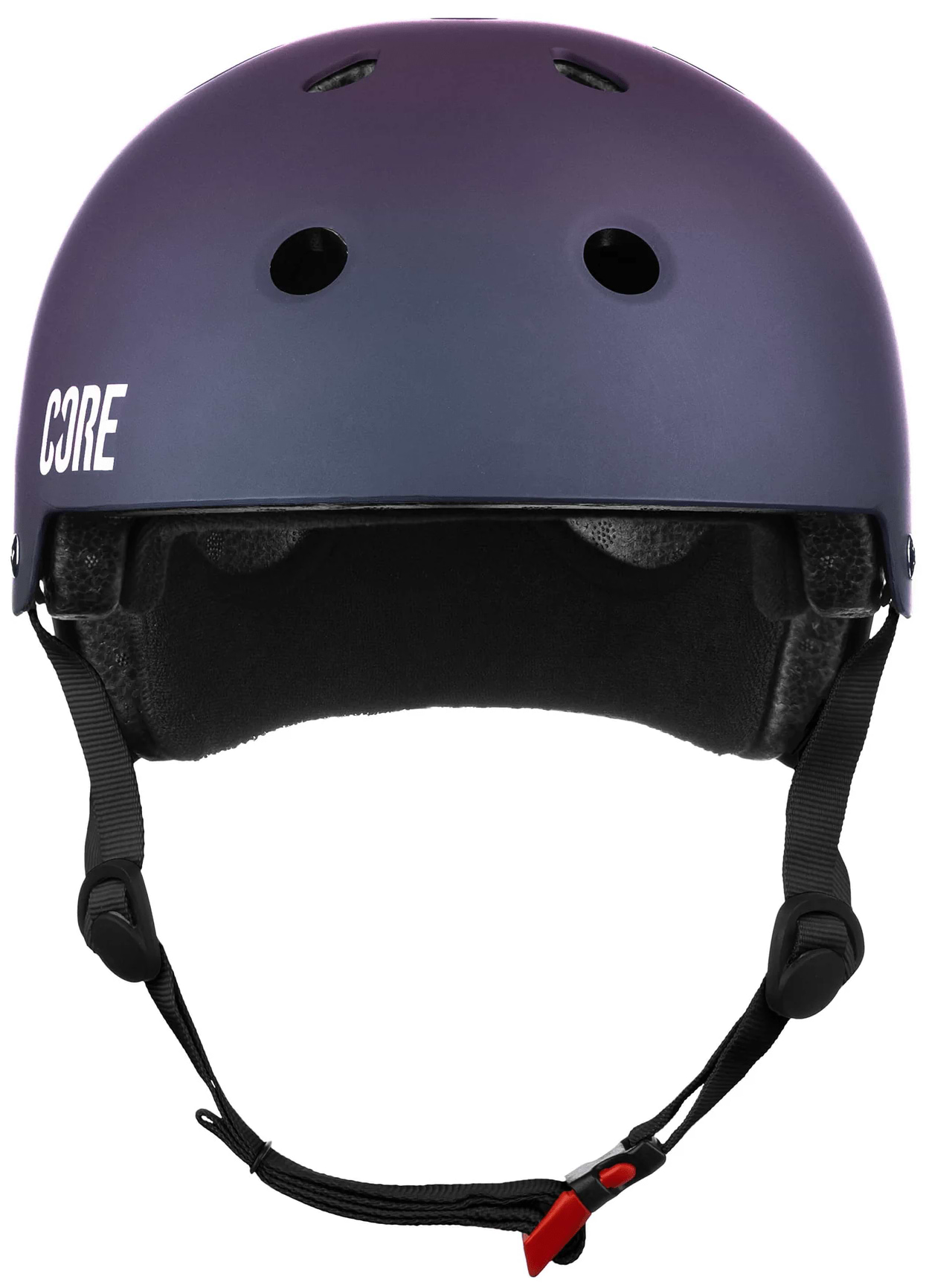 The CORE Street Skate / Scooter Helmet - Neo / White features a matte gradient finish, ventilation holes, black straps, and “CORE” in white on the side—ideal for fans of CORE helmets.