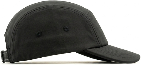 The CORE Performance Cap - Black / Reflective by CORE is a sleek, five-panel cap featuring a curved brim, two side ventilation holes for optimal airflow, and an adjustable back strap. Crafted from breathable fabric, it is displayed in a side profile view against a white background.
