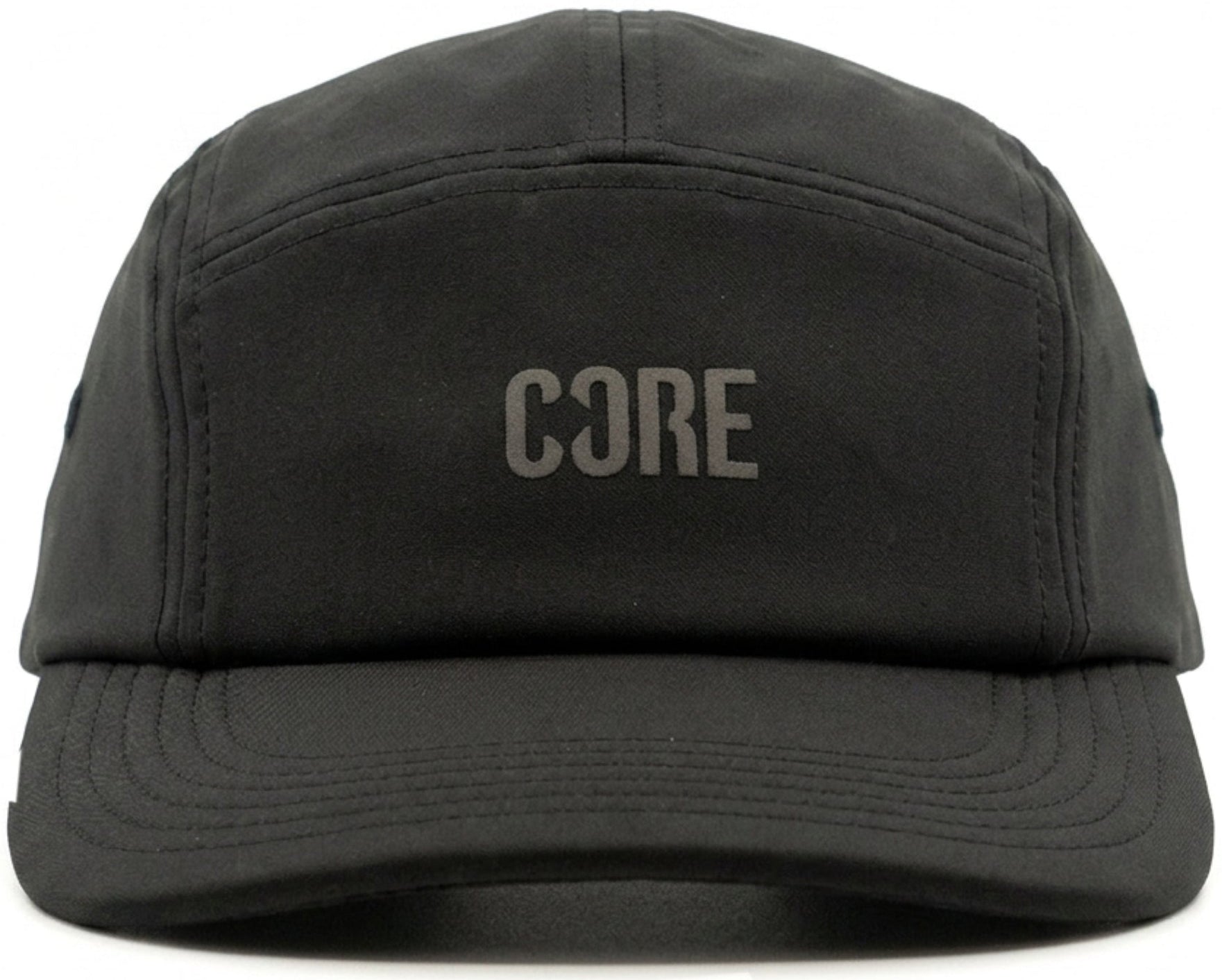 Introducing the CORE Performance Cap - Black / Reflective by CORE: This black cap features “CORE” on the front panel in gray reflective print, with the “O” creatively styled as a backward “C.” Made from breathable fabric, it offers comfort for all-day wear.