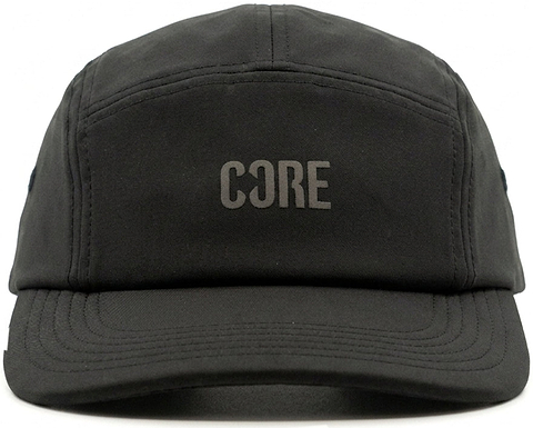 Introducing the CORE Performance Cap - Black / Reflective by CORE: This black cap features “CORE” on the front panel in gray reflective print, with the “O” creatively styled as a backward “C.” Made from breathable fabric, it offers comfort for all-day wear.