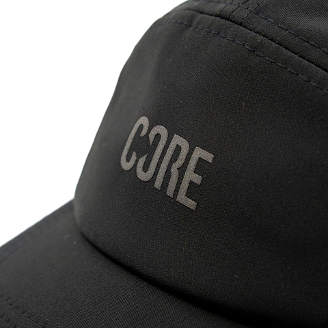 Close-up of the CORE Performance Cap in black, featuring “CORE” printed in gray with the “O” stylized as a mirrored “3.” This cap by CORE showcases subtle reflective detailing for enhanced visibility.
