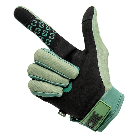 The CORE Pro-Fit Velcro Skate Protection Glove by CORE in Army Green and black is designed for the left hand, with touch screen compatibility for added convenience. Featuring an index finger extended and thumb raised while the other fingers curl inward, this glove seamlessly blends functionality with style.