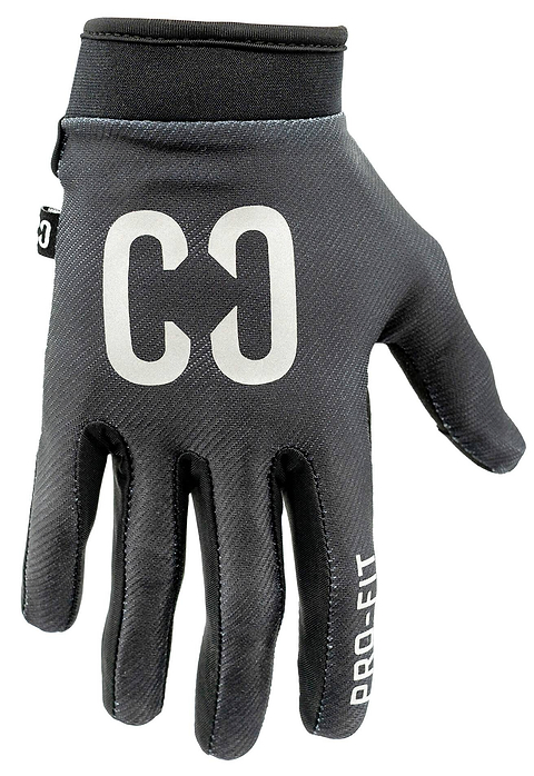 A pair of CORE Pro-Fit Velcro Skate Protection Gloves - Reflective Black by CORE, featuring white “C3” text on the back and “PRO-FIT” on one finger, designed for a snug fit and ideal for BMX riding, displayed against a white background.