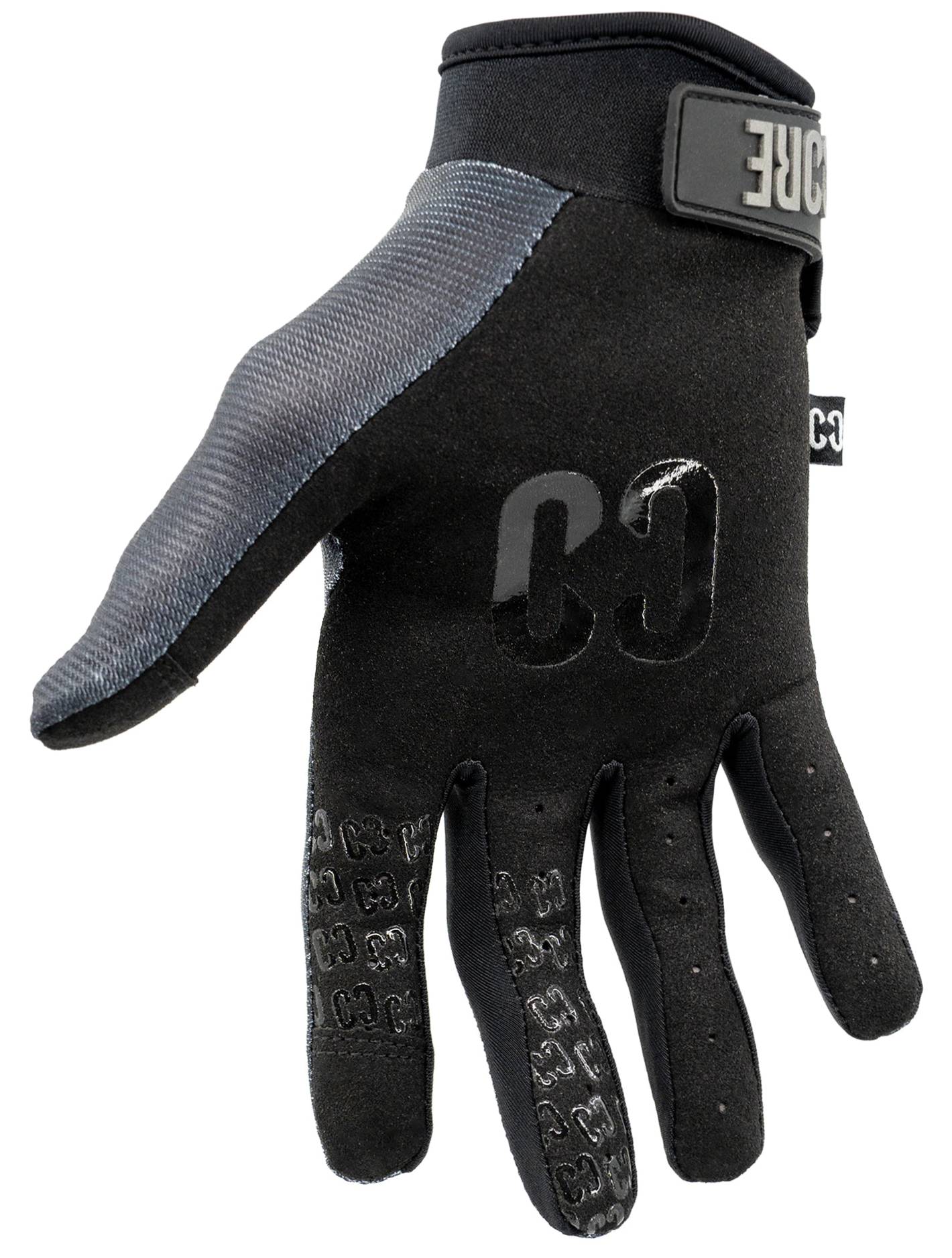 The CORE Pro-Fit Velcro Skate Protection Gloves in Reflective Black, featuring a black and gray design with a textured grip and a Velcro strap at the wrist, are shown on a white background.