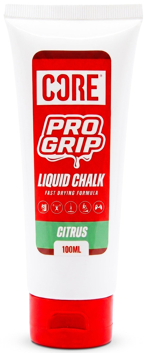 A 100ml white tube of CORE PRO Grip Liquid Chalk - Citrus by CORE, featuring a red label, citrus scent, and fast-drying formula. Perfect for lifting, climbing, and gymnastics, this liquid chalk ensures a secure hold to enhance your grip during every workout.