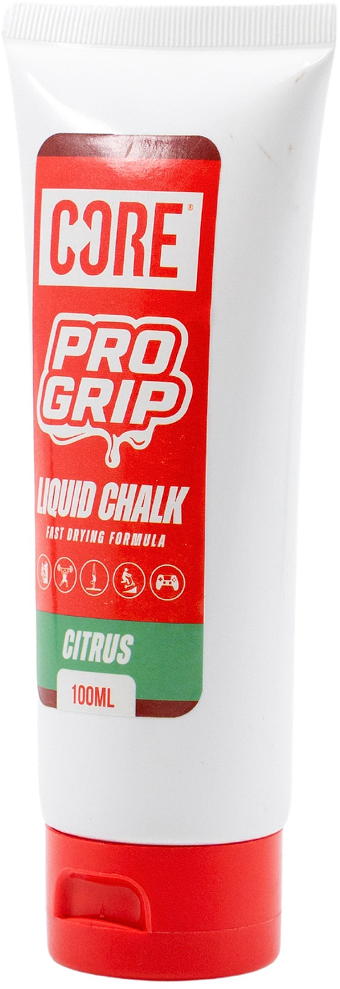 A 100ml tube of CORE PRO Grip Liquid Chalk - Citrus by CORE, with a red and white label and sports icons, offers a refreshing citrus scent—perfect for anyone needing a reliable grip during any activity.
