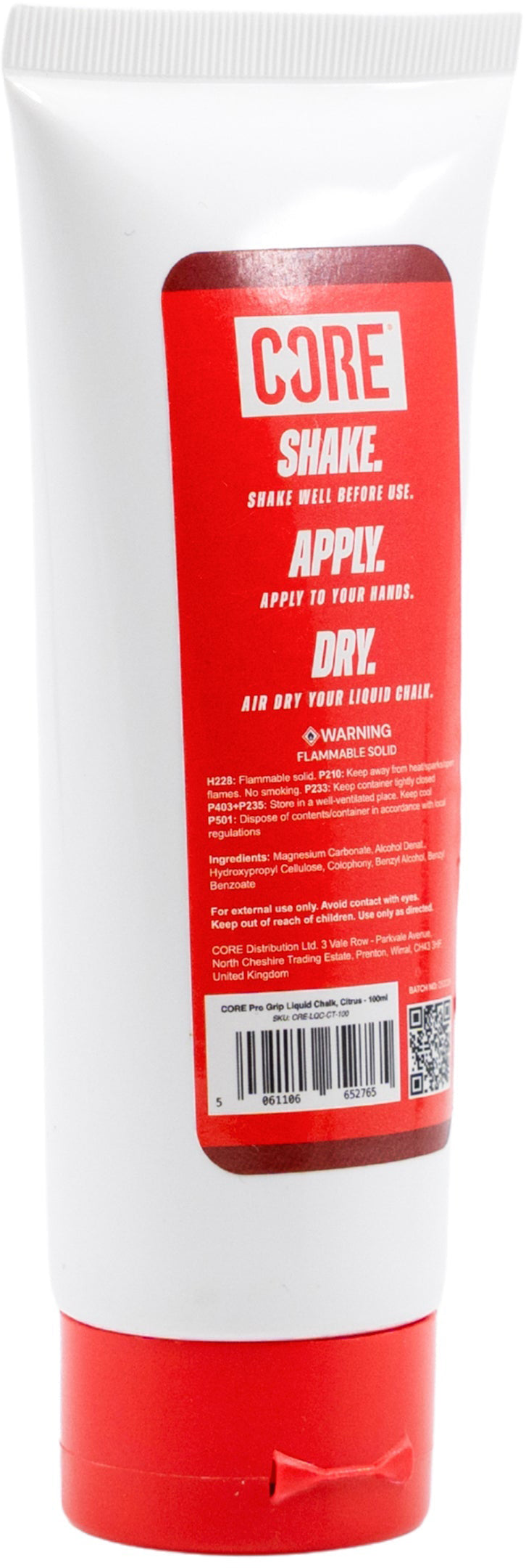 A white tube with a red cap and a label reading “CORE PRO Grip 100ml Liquid Chalk - Citrus” by CORE. Instructions say: “Shake well before use. Apply to your hands. Air dry your liquid chalk for a secure hold.” Additional small text and a QR code are visible on the label.