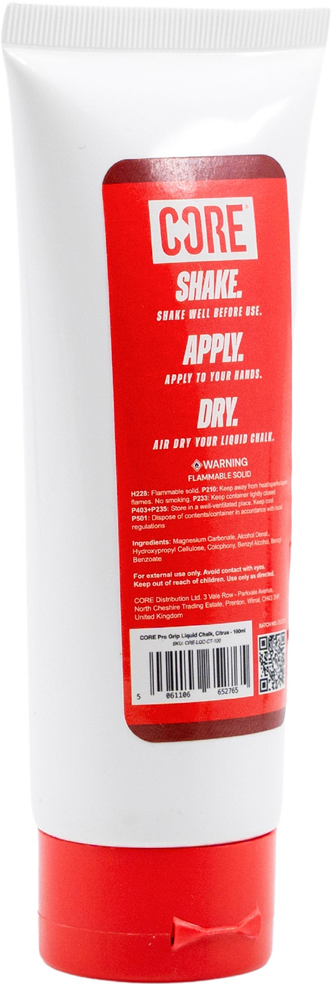 A white tube with a red cap and a label reading “CORE PRO Grip 100ml Liquid Chalk - Citrus” by CORE. Instructions say: “Shake well before use. Apply to your hands. Air dry your liquid chalk for a secure hold.” Additional small text and a QR code are visible on the label.