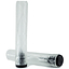 Two clear scooter grips are showcased, one standing and the other horizontal. Made by CORE from a shock-absorbing compound, they both have a textured wave-like design and are equipped with black end caps for superior impact protection—perfect for those who seek durability and high performance.