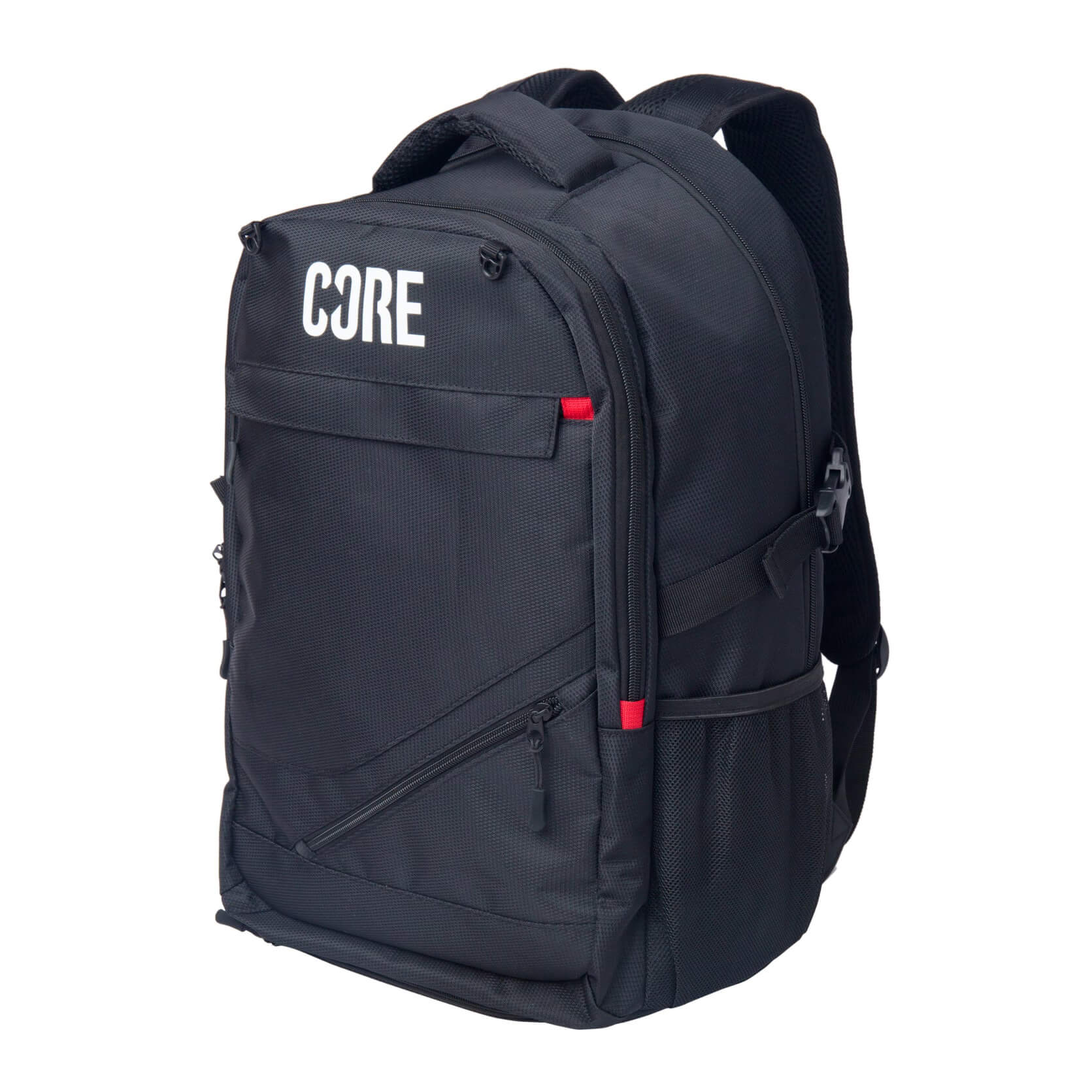 The CORE Scooter Skate Helmet Backpack - Black features multiple zippered compartments, red accent tabs, side pockets, a hidden zip pocket, and “CORE” in white on the front.