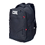 The CORE Scooter Skate Helmet Backpack - Black features multiple zippered compartments, red accent tabs, side pockets, a hidden zip pocket, and “CORE” in white on the front.