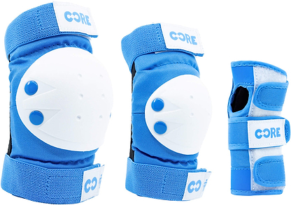 The CORE Junior Triple Skate Protection Pad Set - Blue includes three protective pads featuring blue fabric, white hard plastic caps, and Velcro straps—comprising two knee or elbow pads and a wrist guard—all branded by CORE, making it an ideal choice for young riders seeking reliable safety gear at the skatepark.