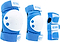 The CORE Junior Triple Skate Protection Pad Set - Blue includes three protective pads featuring blue fabric, white hard plastic caps, and Velcro straps—comprising two knee or elbow pads and a wrist guard—all branded by CORE, making it an ideal choice for young riders seeking reliable safety gear at the skatepark.