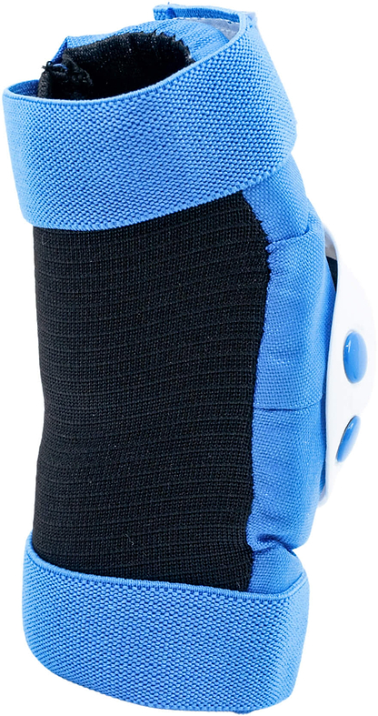 Introducing the CORE Junior Triple Skate Protection Pad Set - Blue by CORE: Featuring a protective blue and black wrist guard with a sturdy white plastic plate and secure blue straps, this essential piece of safety gear is perfect for sports or skating. It's an ideal addition to any junior pad set, providing young skaters extra confidence at the skatepark.
