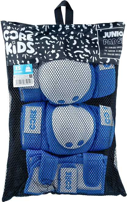 A mesh bag labeled with the CORE logo contains the CORE Junior Triple Skate Protection Pad Set - Blue, featuring blue and gray knee, elbow, and wrist pads in size XS. Designed for young adventurers, the bag hangs from a sturdy black fabric loop and showcases playful graphics and text on top—making it an ideal choice for kids ready to hit the skatepark safely.