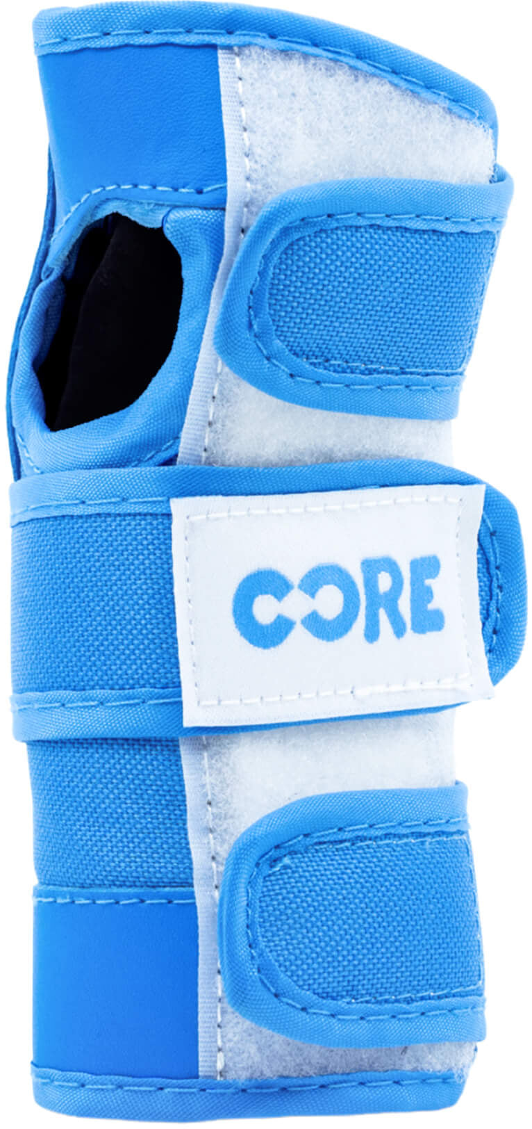 A blue and white wrist brace featuring adjustable straps and a white patch with the "CORE" logo—perfect protective gear for skatepark sessions or pairing with the CORE Junior Triple Skate Protection Pad Set - Blue.