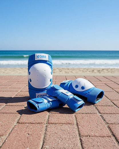 The CORE Junior Triple Skate Protection Pad Set - Blue by CORE rests on a brick walkway near the beach, with sand, waves, and a clear blue sky in the background.