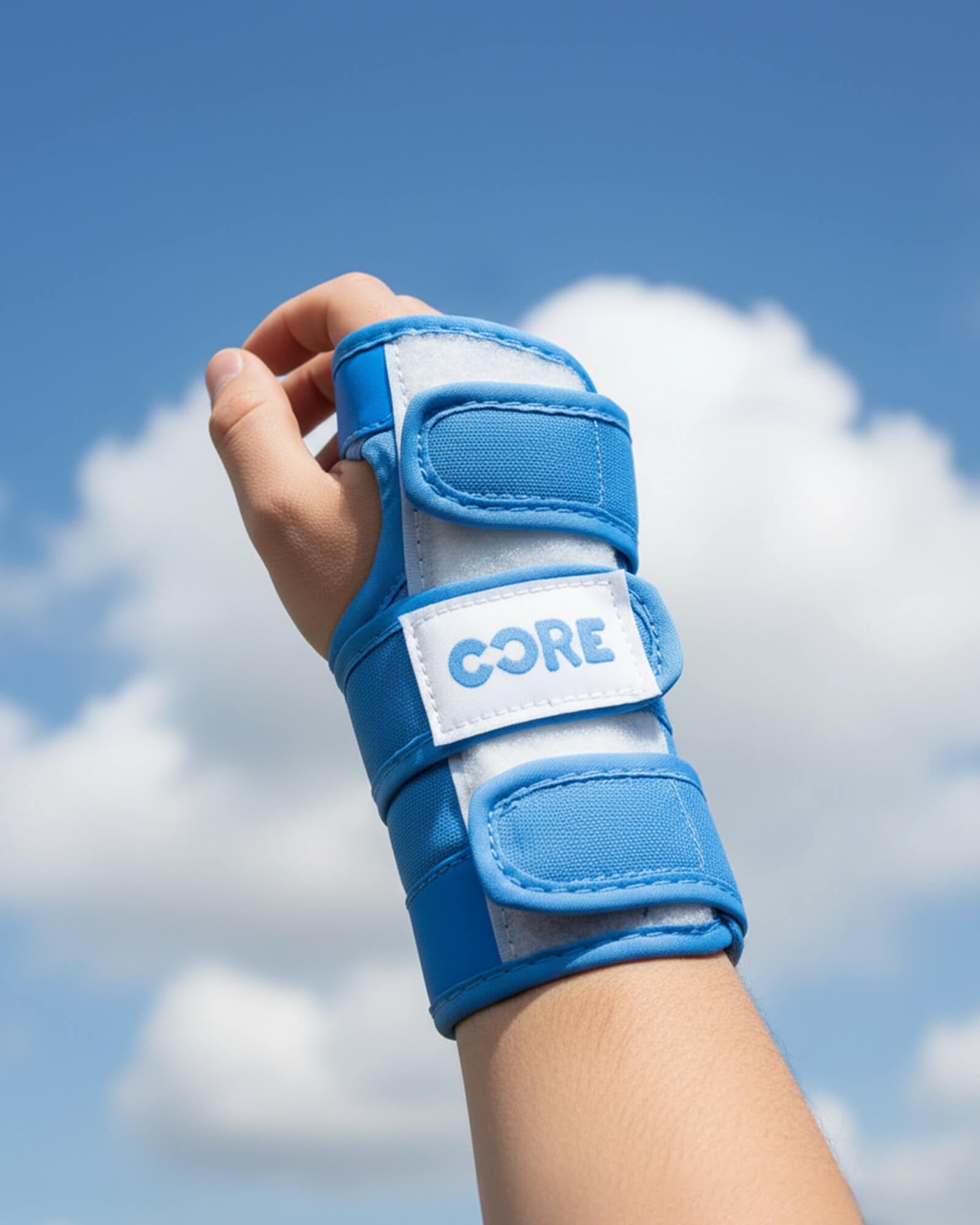 A hand wearing a blue and white wrist brace from the CORE Junior Triple Skate Protection Pad Set is raised against a bright blue sky with fluffy clouds.