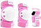 The CORE Junior Triple Skate Protection Pad Set - Pink includes three pieces of protective gear—knee pad, elbow pad, and wrist guard—all featuring the CORE logo and adjustable Velcro straps, providing essential safety for young skaters or bikers.