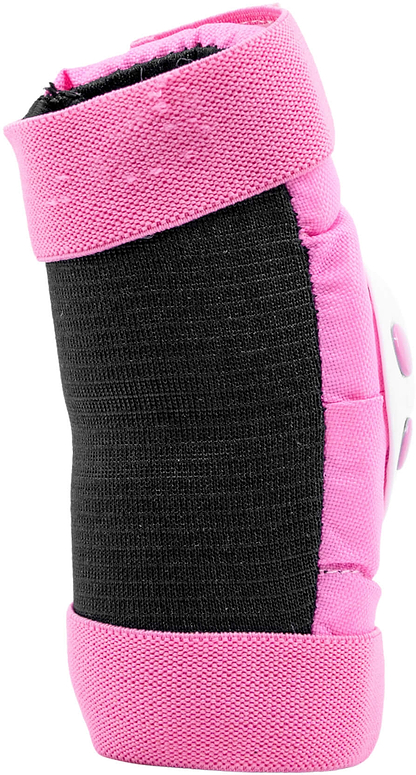 A close-up of the CORE Junior Triple Skate Protection Pad Set in Pink by CORE, featuring a pink and black wrist guard with a white plastic protective plate, designed for skateboarding or rollerblading safety.