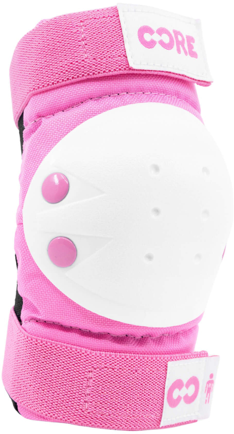 Introducing the CORE Junior Triple Skate Protection Pad Set in Pink, featuring a pink and white knee pad with adjustable straps and the signature "CORE" logo. Designed by CORE, this essential protective gear features a durable hard white shell with two pink rivets, making it perfect for young skaters during sports activities or skatepark sessions.