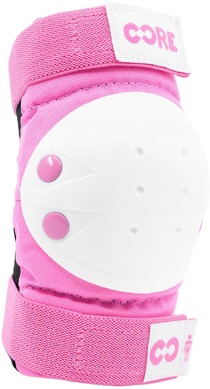 Introducing the CORE Junior Triple Skate Protection Pad Set in Pink, featuring a pink and white knee pad with adjustable straps and the signature "CORE" logo. Designed by CORE, this essential protective gear features a durable hard white shell with two pink rivets, making it perfect for young skaters during sports activities or skatepark sessions.