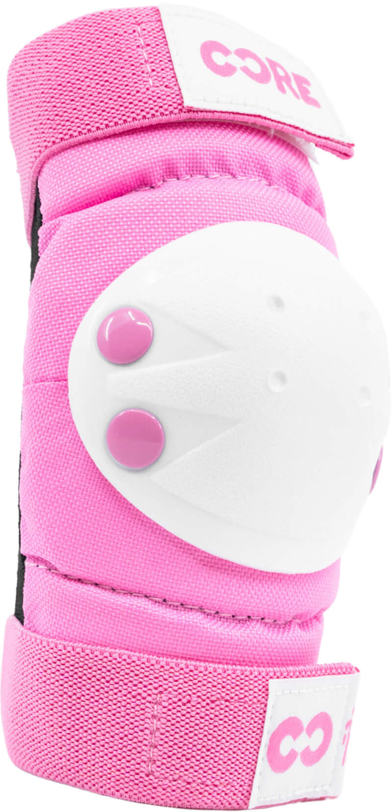 Introducing the CORE Junior Triple Skate Protection Pad Set - Pink by CORE, featuring a pink knee pad with a white hard shell and two pink rivets, secured with pink and white adjustable straps. Designed as essential protective gear for skating or sports, it's perfect for junior collections and skatepark adventures.