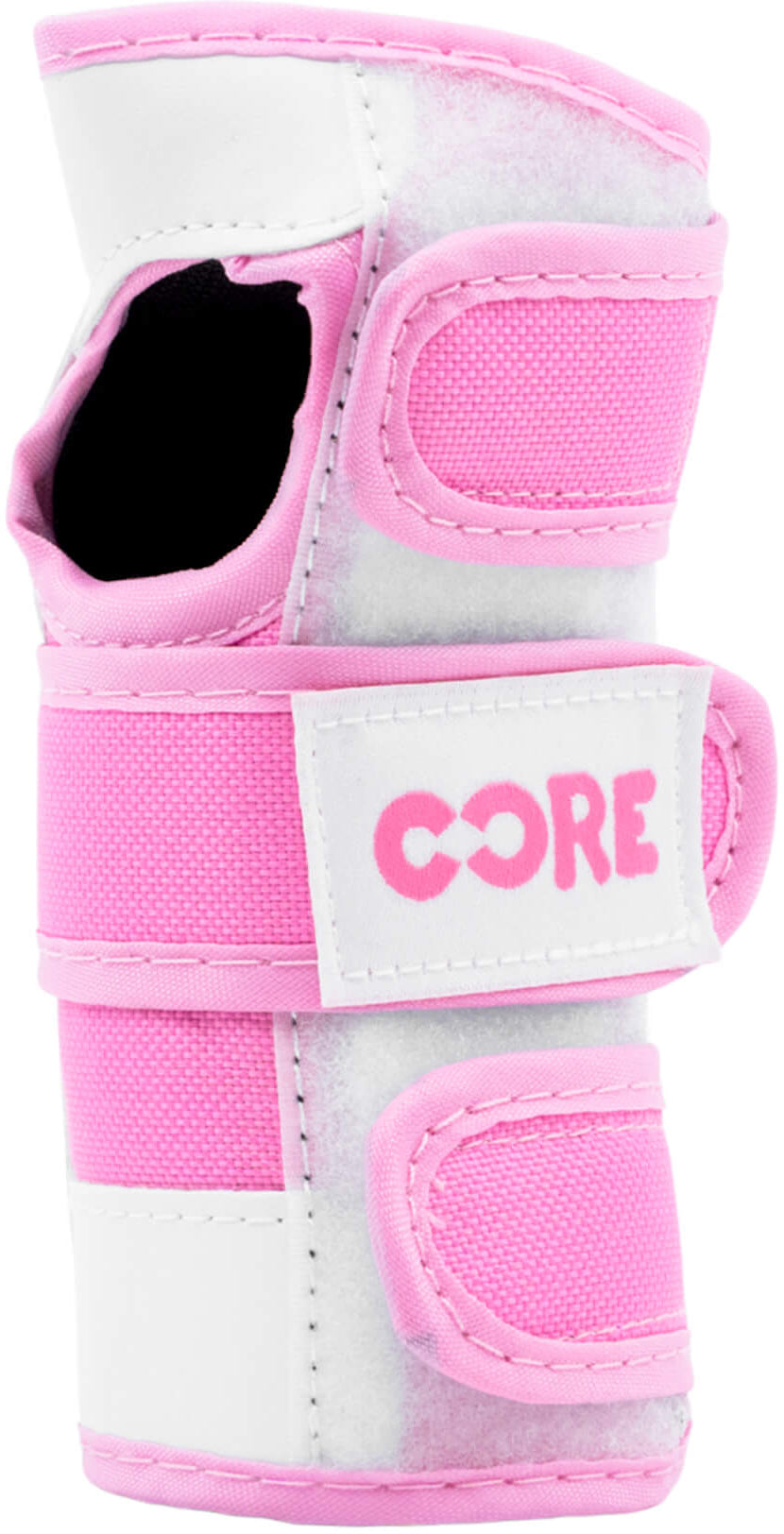 Featuring the CORE Junior Triple Skate Protection Pad Set in pink, this set includes a pink and white wrist guard with Velcro straps and "CORE" printed on the front strap—ideal for essential protective gear at the skatepark.