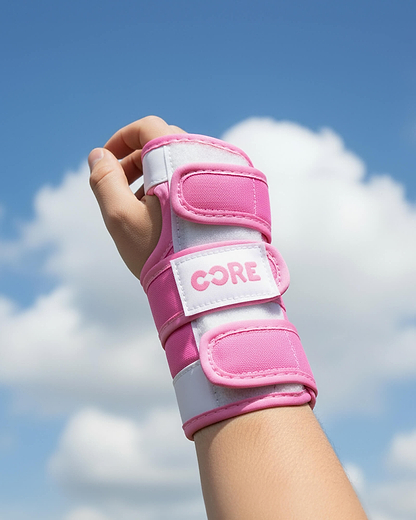 A hand wearing a pink and white wristguard from the CORE Junior Triple Skate Protection Pad Set is raised against a blue sky with fluffy white clouds.