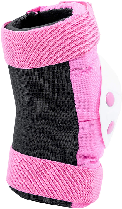 The CORE Junior Triple Skate Protection Pad Set in Pink by CORE features a pink and black wrist guard with white plastic protective padding and pink straps, offering sports and skating safety—ideal for skatepark adventures or as part of a junior pad set.