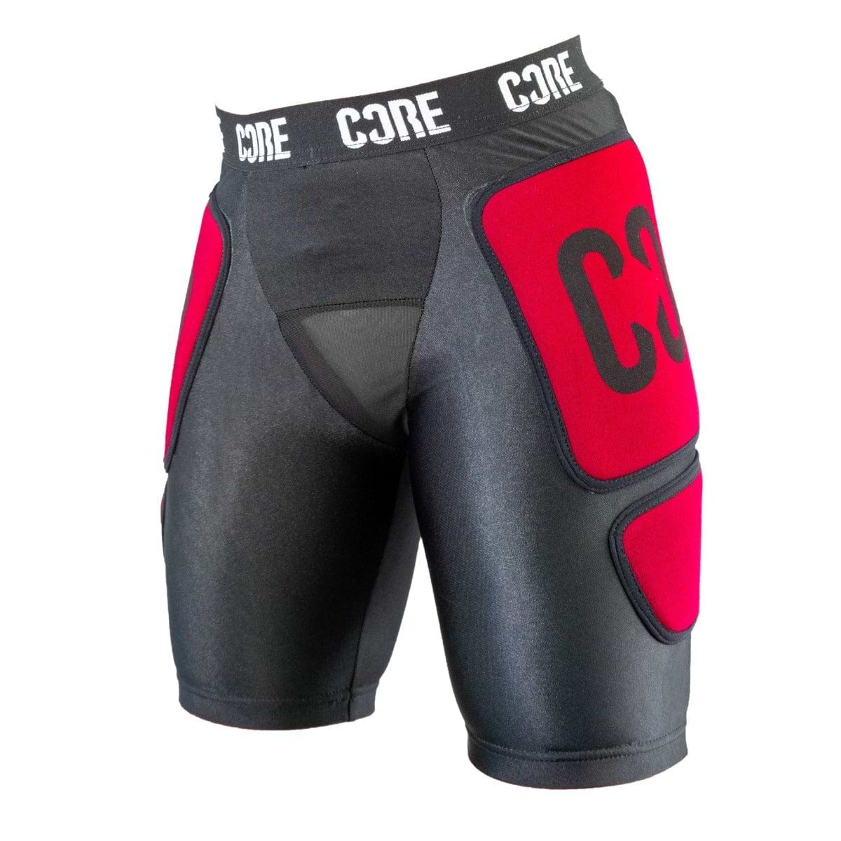 CORE Stealth Impact Padded Skate Protection Shorts feature black Lycra with red protective panels on the thighs and hips, along with a waistband displaying "CORE" in crisp white.