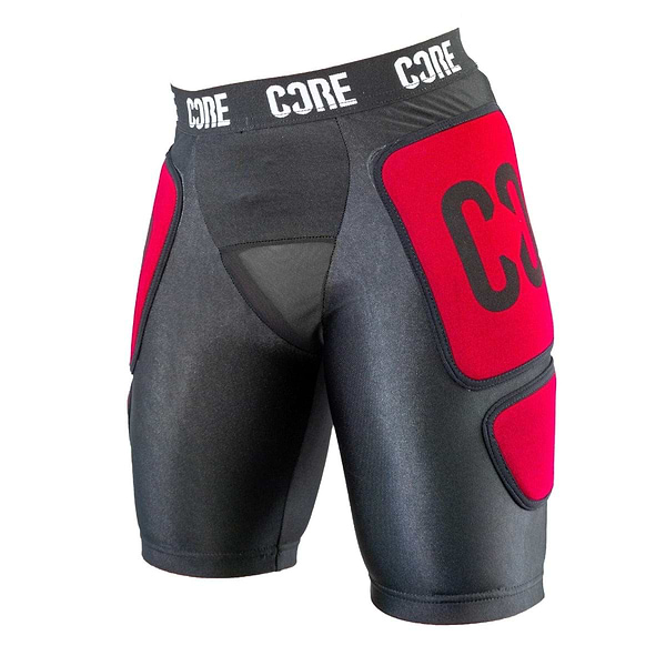 CORE Stealth Impact Padded Skate Protection Shorts feature black Lycra with red protective panels on the thighs and hips, along with a waistband displaying "CORE" in crisp white.
