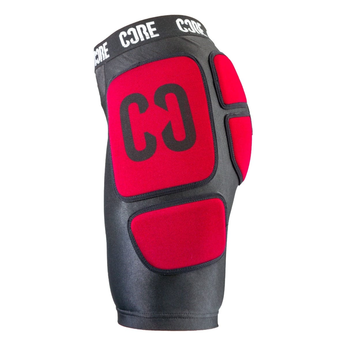 Introducing the CORE Stealth Impact Padded Skate Protection Shorts, featuring durable athletic wear crafted from Lycra material with striking red padding on a sleek black base. The "CORE" logo is prominently displayed on the waistband, combining style with superior impact protection for your sporting activities.