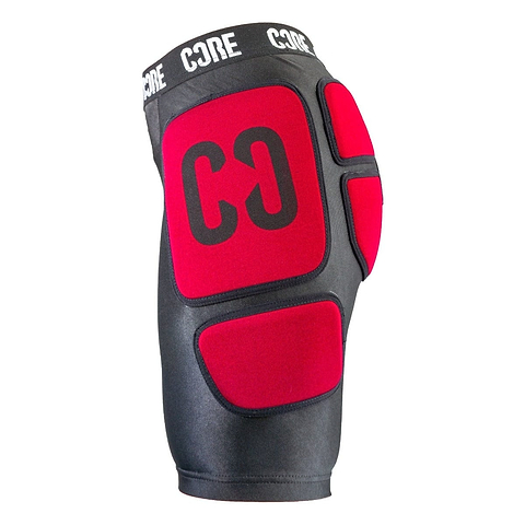 Introducing the CORE Stealth Impact Padded Skate Protection Shorts, featuring durable athletic wear crafted from Lycra material with striking red padding on a sleek black base. The "CORE" logo is prominently displayed on the waistband, combining style with superior impact protection for your sporting activities.