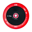 Introducing the CORE Hollow Core V2 110mm Stunt Scooter Wheel in red and black, featuring a distinctive hollow core design proudly displaying the "CORE" branding. It includes "110MM / 88A" markings, white text around the edge, a central graphic, and ABEC-9 bearings to ensure smooth performance.