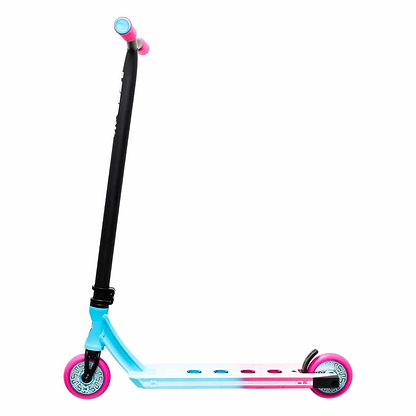 The CORE CL1 Complete Stunt Scooter by CORE showcases a sleek design with a black handlebar and a vibrant pink and teal deck. It includes bright pink wheels, premium aftermarket parts, and interchangeable nylon square dropouts for customization. The deck is adorned with a gradient design and circular cutouts.