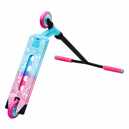 The CORE CL1 Complete Stunt Scooter - Pink / Teal by CORE showcases a striking and colorful design, featuring a pink and teal deck with matching handle grips. Its sleek black frame is paired with vibrant pink wheels, making it perfect for stunt riding. Additionally, the scooter comes with interchangeable nylon square dropouts to customize performance.