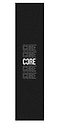 On a black backdrop, the text "CORE" is displayed five times vertically in bold white capital letters with differing thickness and transparency, reminiscent of visually striking graphics akin to those on the CORE Stunt Scooter Griptape - Echo.