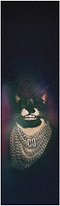 A cat sporting a diamond chain necklace with a "GQ" pendant and grill poses in neon-lit smoke, channeling the bold style of CORE's Signature Stunt Scooter Griptape - 'Halfbarz' Jack Ward V2.