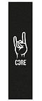 The CORE Stunt Scooter Griptape - Rock Hand features a black background with a white hand making the rock and roll gesture, accompanied by the word "CORE" underneath, perfectly capturing the edgy aesthetic typical of scooter griptape designs.