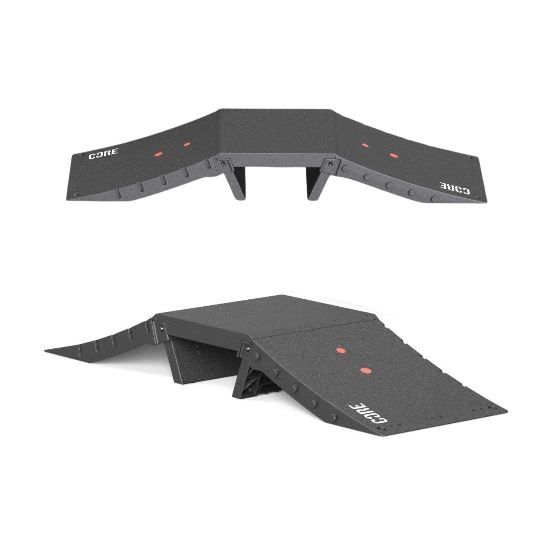 Two views of the CORE Mini Funbox Ramp Set - 2 Kickers & Flat Deck by CORE are shown: the black ramp set with "CORE" and two red dots, featuring a raised center and sloped sides. One image is top-down, the other from a lower angle.