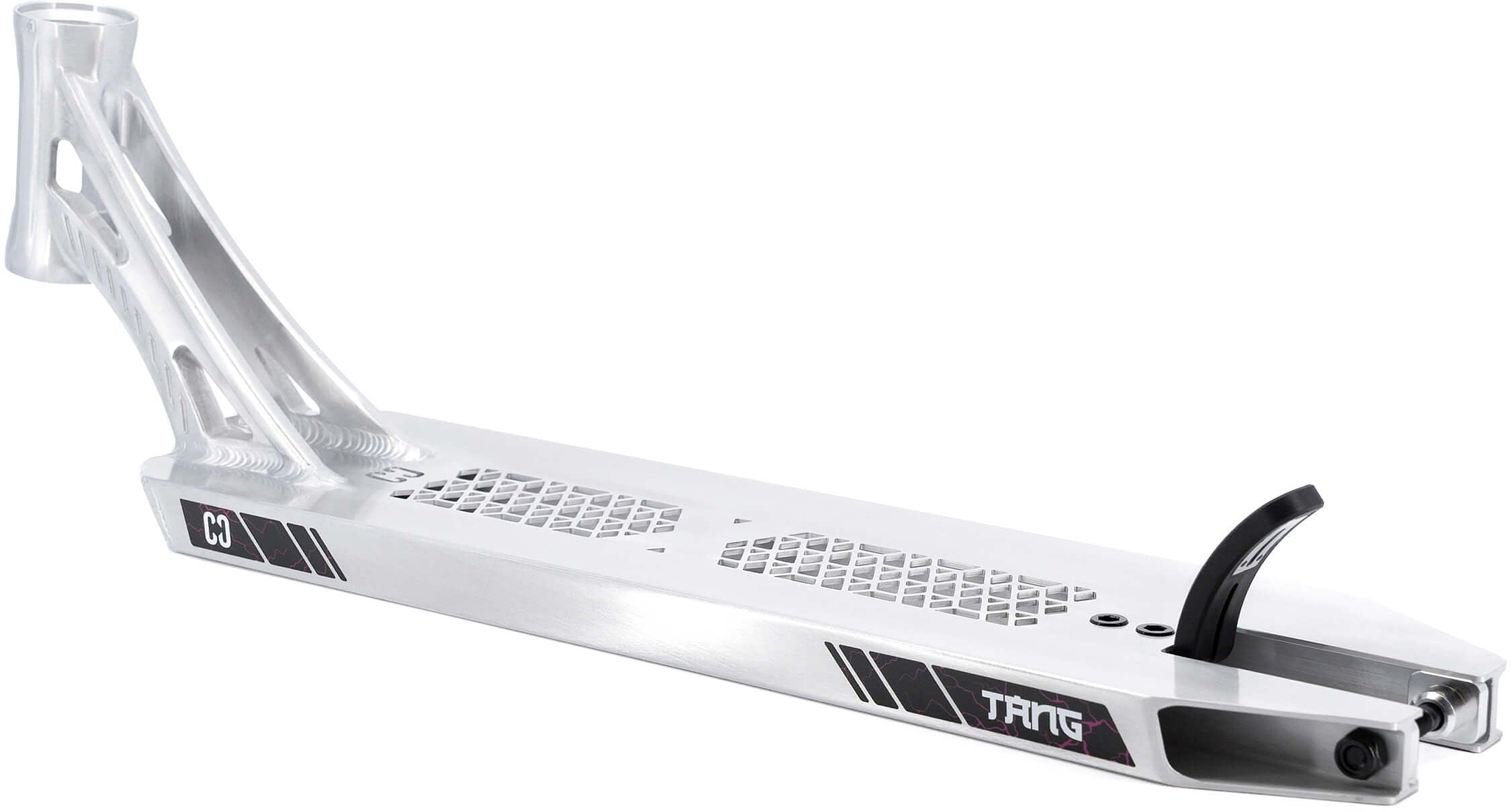 The CORE SL3 Forged Brandon Tang Signature Stunt Scooter Deck (5.25″ x 19.3″) features a sleek silver metal design with geometric cutouts, a black rear-wheel fender, and bold black and white CORE logo details along the sides—crafted for high-performance park riding and inspired by Brandon Tang’s signature style.