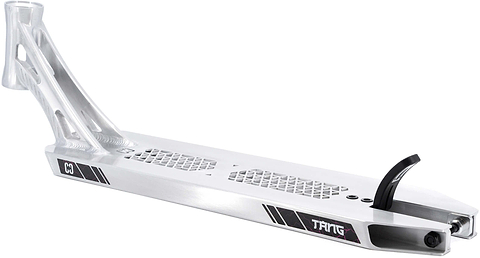 The CORE SL3 Forged Brandon Tang Signature Stunt Scooter Deck (5.25″ x 19.3″) features a sleek silver metal design with geometric cutouts, a black rear-wheel fender, and bold black and white CORE logo details along the sides—crafted for high-performance park riding and inspired by Brandon Tang’s signature style.