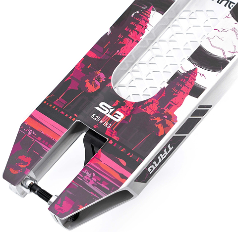 Close-up of the CORE SL3 Forged Brandon Tang Signature Stunt Scooter Deck (5.25″ x 19.3″) by CORE, highlighting its vibrant pink and red signature graphic design. This park scooter deck features a textured footplate for added grip, a bold black and white CORE logo, and visible axle and wheel fork elements that combine style with performance.