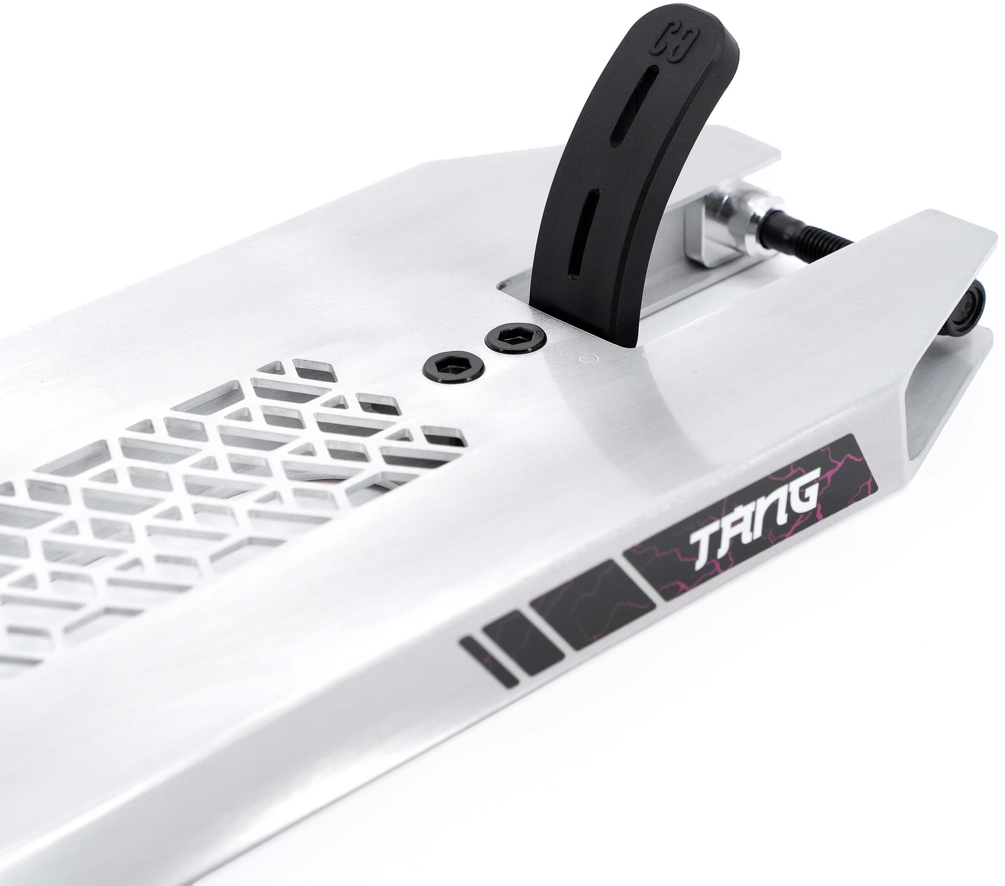 Close-up of the CORE SL3 Forged Brandon Tang Signature Stunt Scooter Deck (5.25″ x 19.3″) in silver, featuring a black brake, geometric grip tape, and a “TANG” sticker on the side. This park-ready deck by CORE is noted for its textured finish and strategically placed brake, showcasing design elements from Brandon Tang’s signature series.
