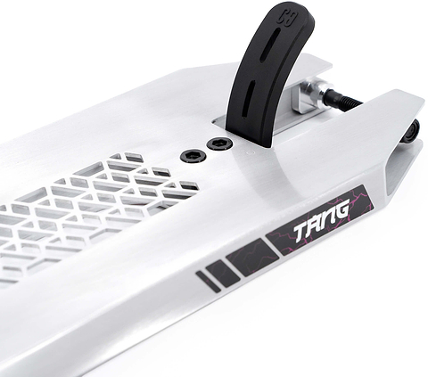 Close-up of the CORE SL3 Forged Brandon Tang Signature Stunt Scooter Deck (5.25″ x 19.3″) in silver, featuring a black brake, geometric grip tape, and a “TANG” sticker on the side. This park-ready deck by CORE is noted for its textured finish and strategically placed brake, showcasing design elements from Brandon Tang’s signature series.