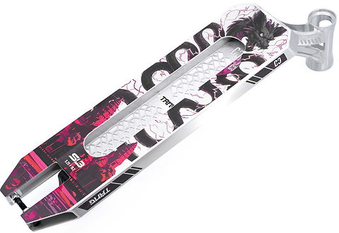 Introducing the CORE SL3 Forged Brandon Tang Signature Stunt Scooter Deck by CORE, measuring 5.25″ x 19.3″. This silver park scooter deck features a striking graphic design with a black wolf, cityscape elements, and bold pink accents. The deck includes a textured grip area and is printed with the words “Tritic,” “ES,” “C7,” and “Tritic.” Specially designed for riders who demand top performance and style, this is the official Brandon Tang signature edition from CORE.